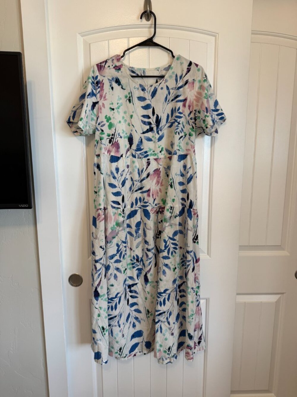 White short-sleeve maxi dress with watercolor botanical print